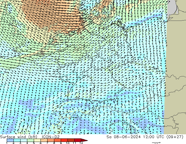 Vent 10 m (bft) ICON-D2 sam 08.06.2024 12 UTC