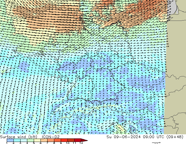 Surface wind (bft) ICON-D2 Su 09.06.2024 09 UTC
