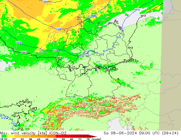 Max. wind snelheid ICON-D2 za 08.06.2024 09 UTC