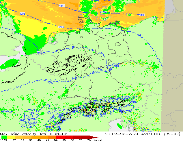 Maks. Rüzgar Hızı ICON-D2 Paz 09.06.2024 03 UTC