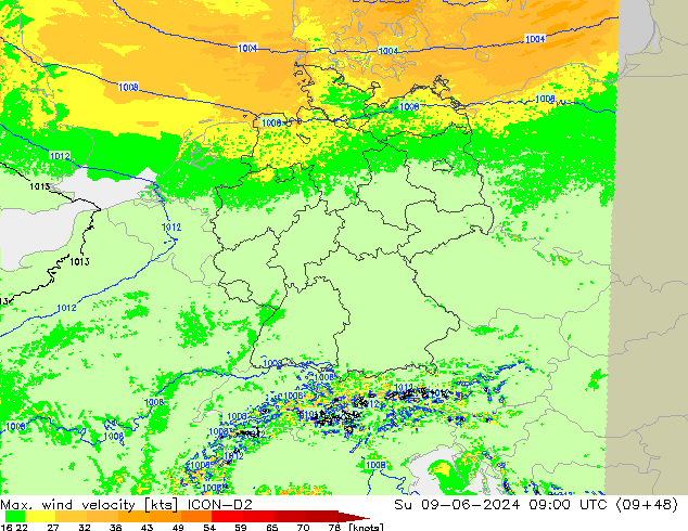 Max. wind velocity ICON-D2 dom 09.06.2024 09 UTC