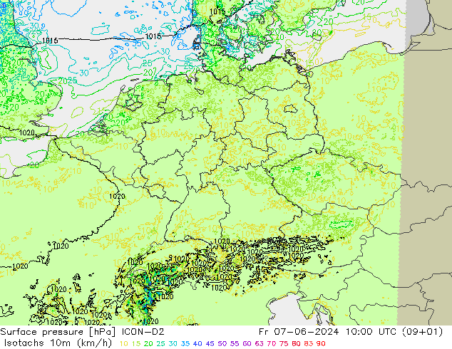 Izotacha (km/godz) ICON-D2 pt. 07.06.2024 10 UTC