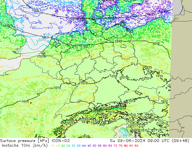 Isotachs (kph) ICON-D2 Dom 09.06.2024 09 UTC