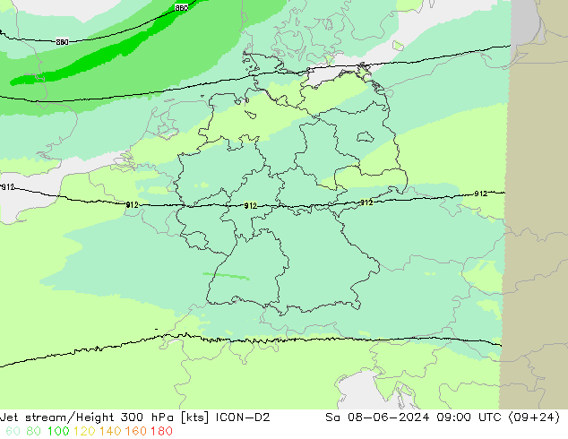 Jet stream/Height 300 hPa ICON-D2 Sa 08.06.2024 09 UTC