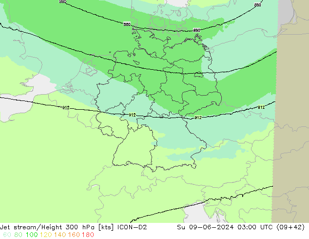 Corriente en chorro ICON-D2 dom 09.06.2024 03 UTC