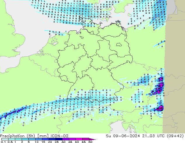 Precipitazione (6h) ICON-D2 dom 09.06.2024 03 UTC