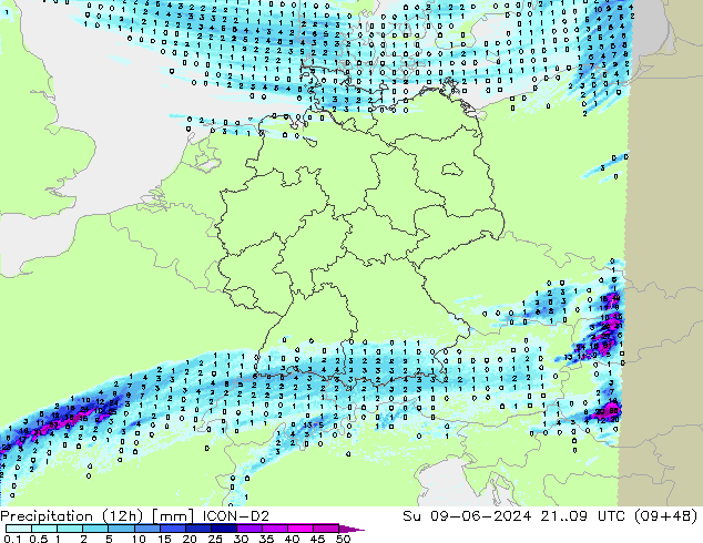 Precipitação (12h) ICON-D2 Dom 09.06.2024 09 UTC