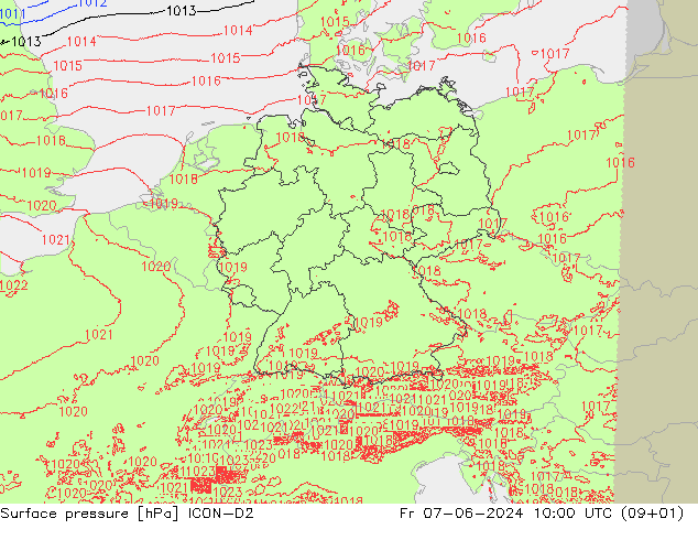 pression de l'air ICON-D2 ven 07.06.2024 10 UTC