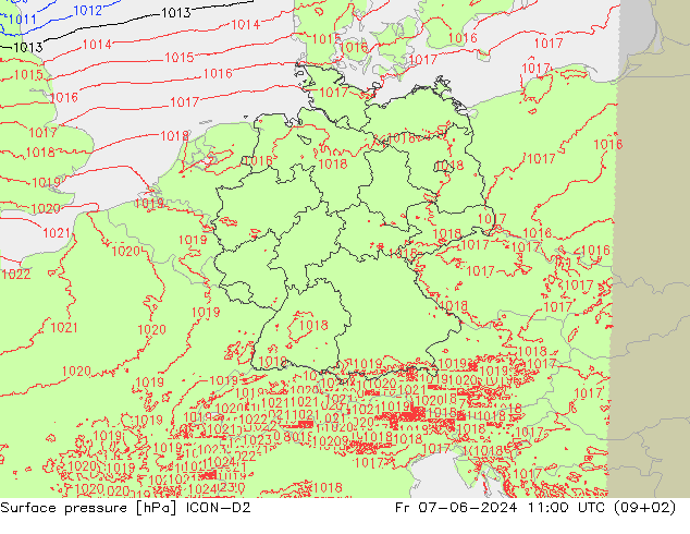 pressão do solo ICON-D2 Sex 07.06.2024 11 UTC