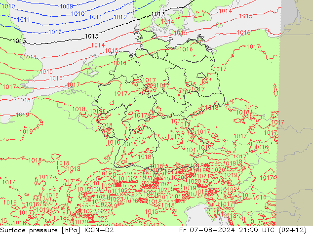 Pressione al suolo ICON-D2 ven 07.06.2024 21 UTC