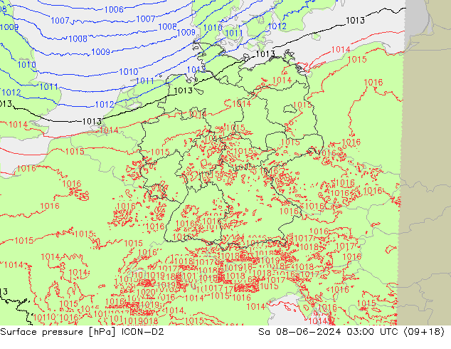 Atmosférický tlak ICON-D2 So 08.06.2024 03 UTC