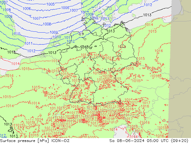 Surface pressure ICON-D2 Sa 08.06.2024 05 UTC