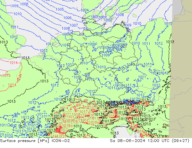 Luchtdruk (Grond) ICON-D2 za 08.06.2024 12 UTC