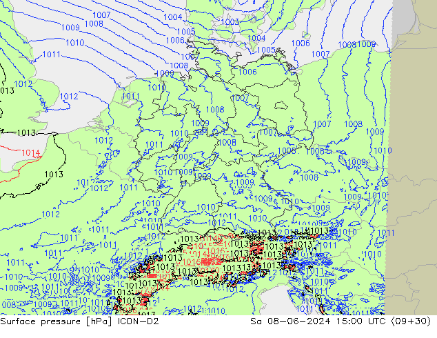 Presión superficial ICON-D2 sáb 08.06.2024 15 UTC