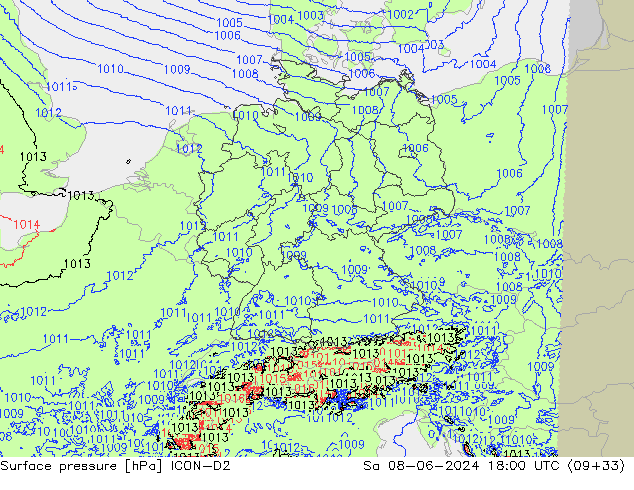 Surface pressure ICON-D2 Sa 08.06.2024 18 UTC