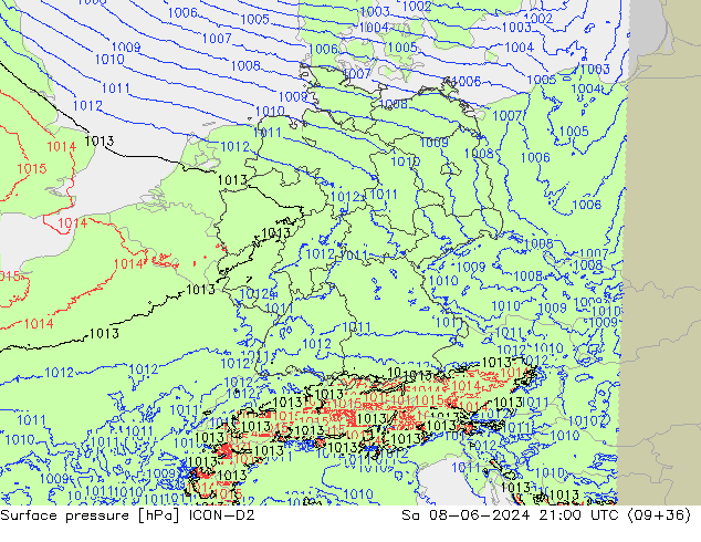 Pressione al suolo ICON-D2 sab 08.06.2024 21 UTC