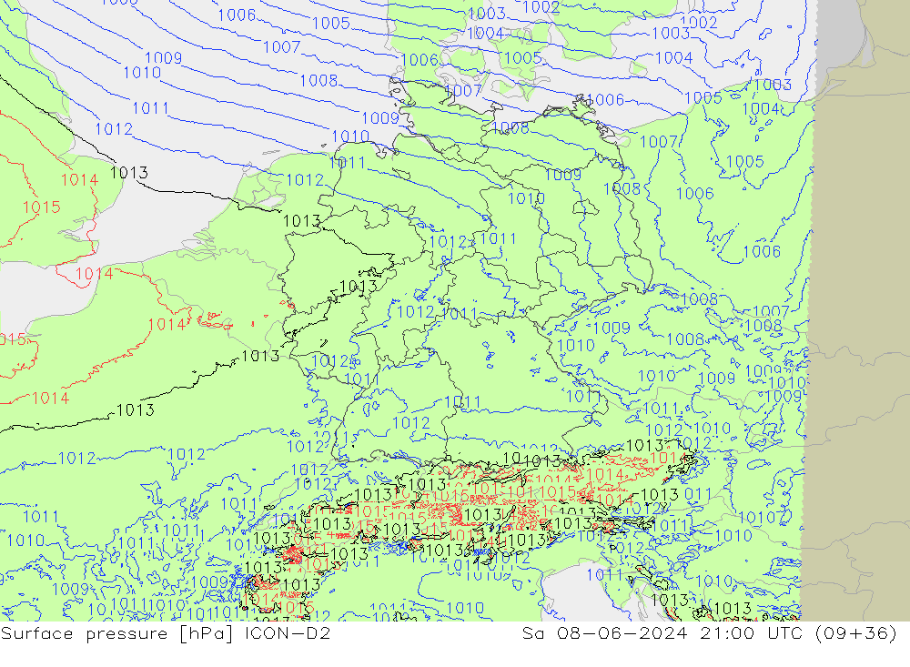 pression de l'air ICON-D2 sam 08.06.2024 21 UTC