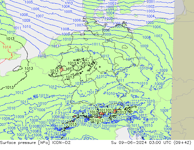 Surface pressure ICON-D2 Su 09.06.2024 03 UTC