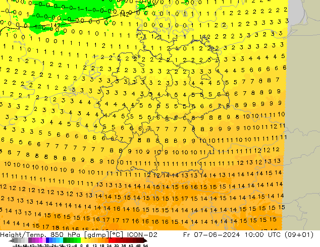 Height/Temp. 850 hPa ICON-D2 Sex 07.06.2024 10 UTC