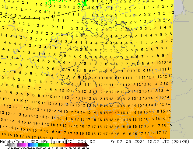 Height/Temp. 850 hPa ICON-D2 Fr 07.06.2024 15 UTC