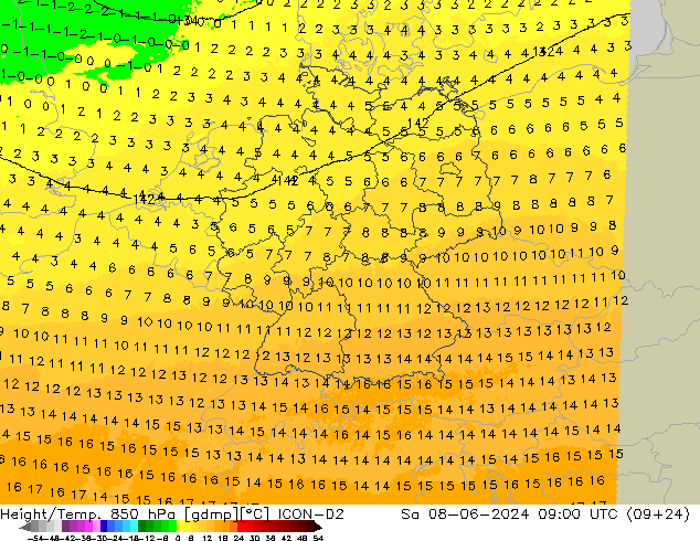 Height/Temp. 850 hPa ICON-D2 Sa 08.06.2024 09 UTC