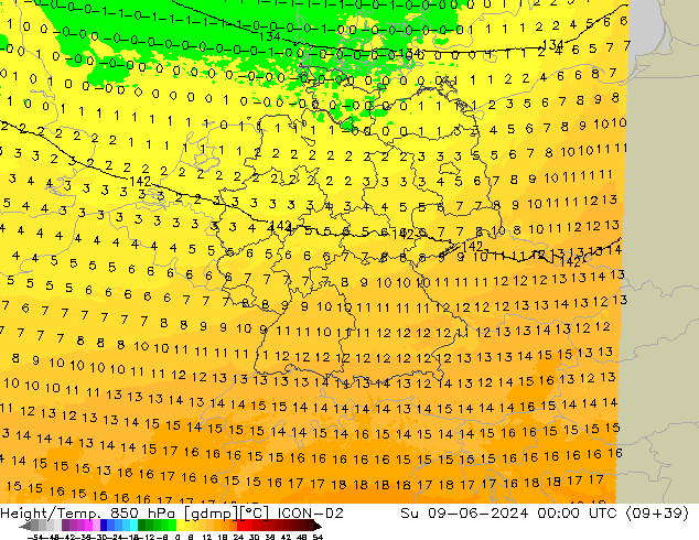 Height/Temp. 850 hPa ICON-D2  09.06.2024 00 UTC