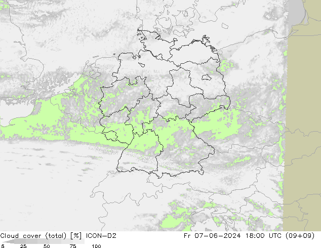 Cloud cover (total) ICON-D2 Fr 07.06.2024 18 UTC