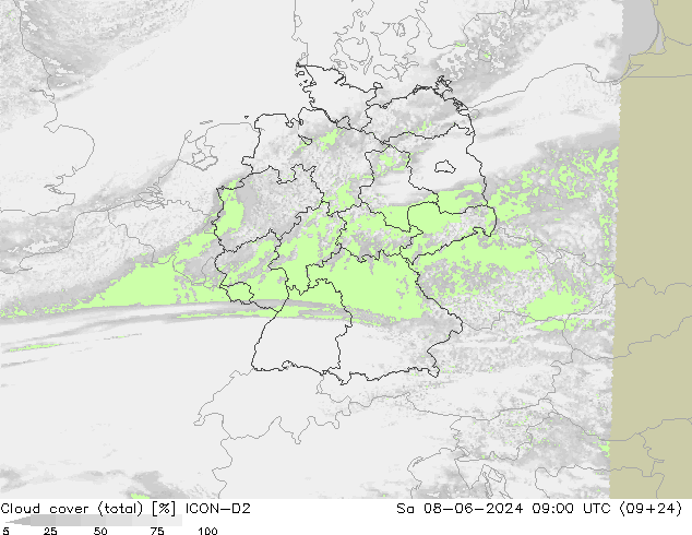 Wolken (gesamt) ICON-D2 Sa 08.06.2024 09 UTC