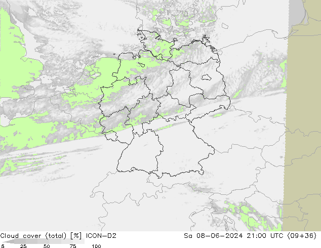 Nubes (total) ICON-D2 sáb 08.06.2024 21 UTC