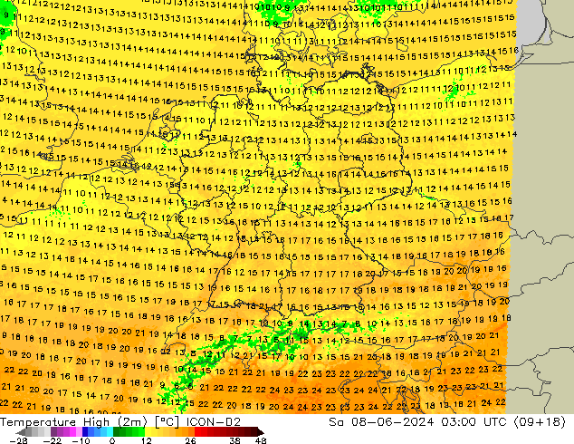 Max. Temperatura (2m) ICON-D2 so. 08.06.2024 03 UTC