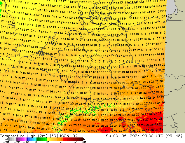 Temperature High (2m) ICON-D2 Su 09.06.2024 09 UTC