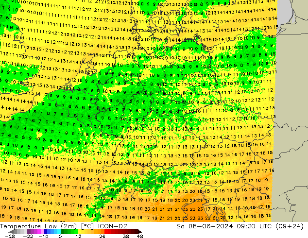 Tiefstwerte (2m) ICON-D2 Sa 08.06.2024 09 UTC