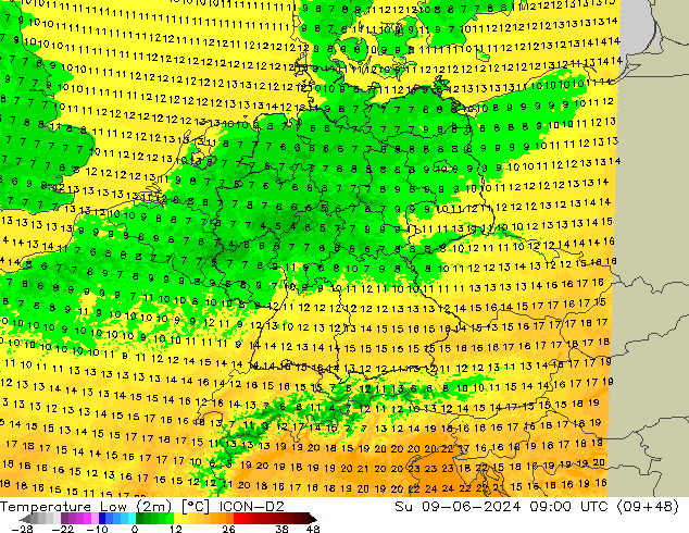 Min. Temperatura (2m) ICON-D2 nie. 09.06.2024 09 UTC