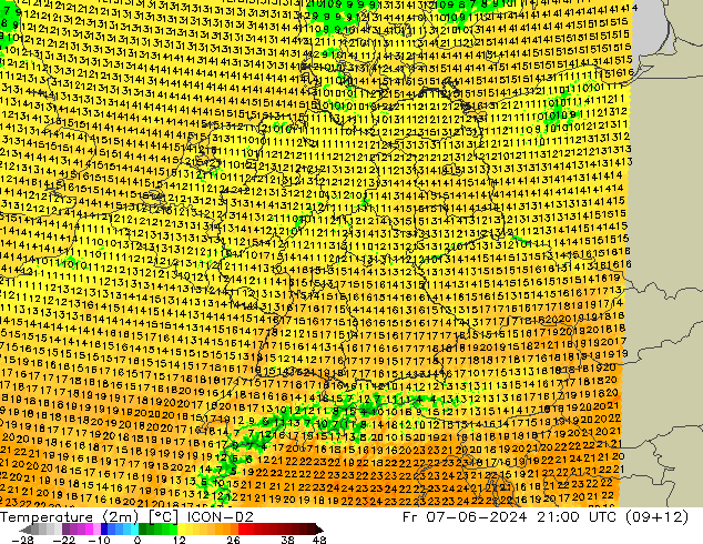 Temperaturkarte (2m) ICON-D2 Fr 07.06.2024 21 UTC