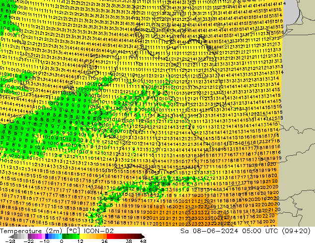 Temperature (2m) ICON-D2 Sa 08.06.2024 05 UTC