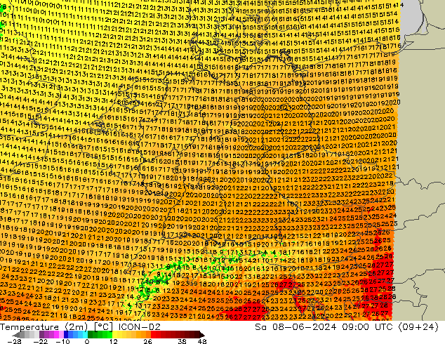 température (2m) ICON-D2 sam 08.06.2024 09 UTC