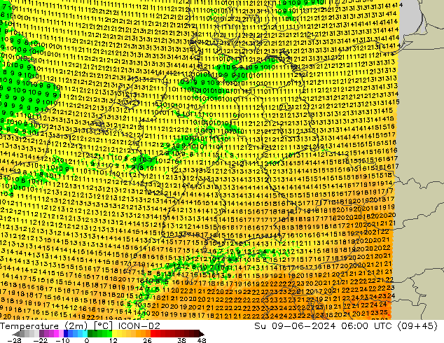 Temperatuurkaart (2m) ICON-D2 zo 09.06.2024 06 UTC