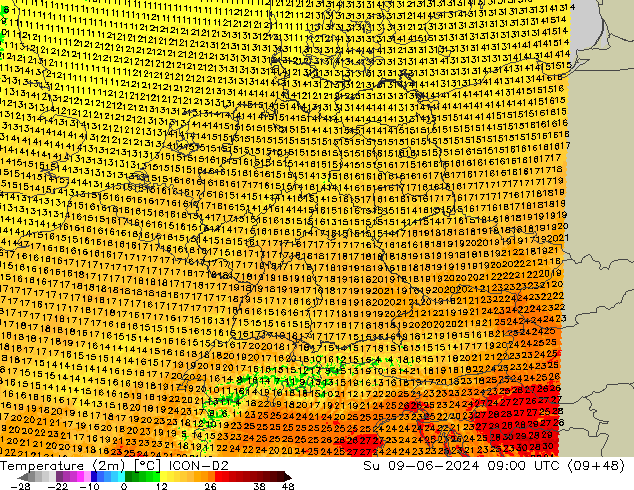 Temperature (2m) ICON-D2 Su 09.06.2024 09 UTC