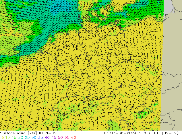 Vento 10 m ICON-D2 Sex 07.06.2024 21 UTC