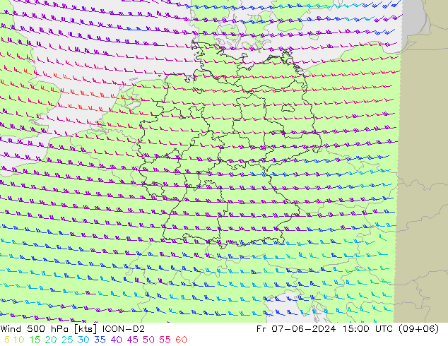 Vento 500 hPa ICON-D2 ven 07.06.2024 15 UTC