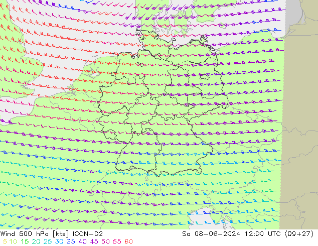 ветер 500 гПа ICON-D2 сб 08.06.2024 12 UTC