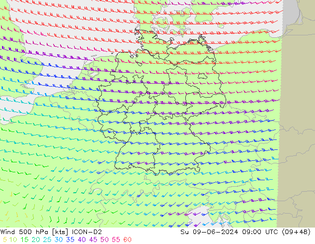 Rüzgar 500 hPa ICON-D2 Paz 09.06.2024 09 UTC