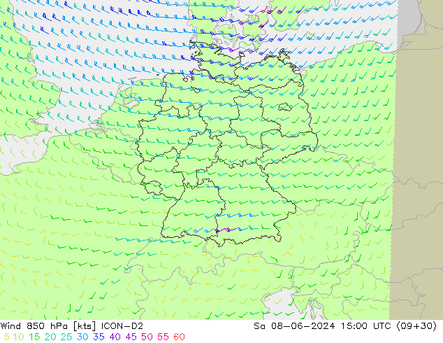 Wind 850 hPa ICON-D2 So 08.06.2024 15 UTC