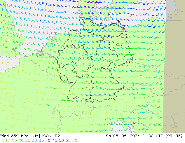 Vento 850 hPa ICON-D2 Sáb 08.06.2024 21 UTC