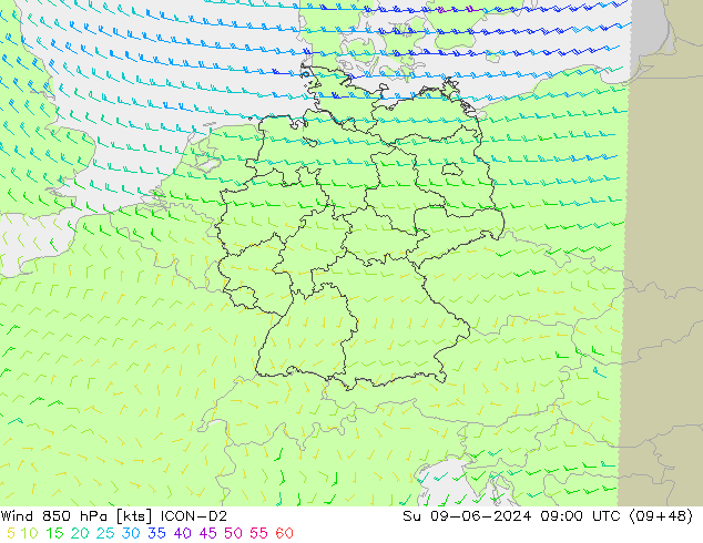 Vent 850 hPa ICON-D2 dim 09.06.2024 09 UTC