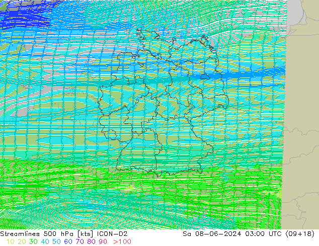 Streamlines 500 hPa ICON-D2 Sa 08.06.2024 03 UTC