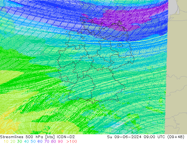 Stroomlijn 500 hPa ICON-D2 zo 09.06.2024 09 UTC