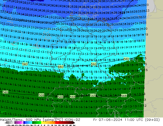 Height/Temp. 500 hPa ICON-D2  07.06.2024 11 UTC