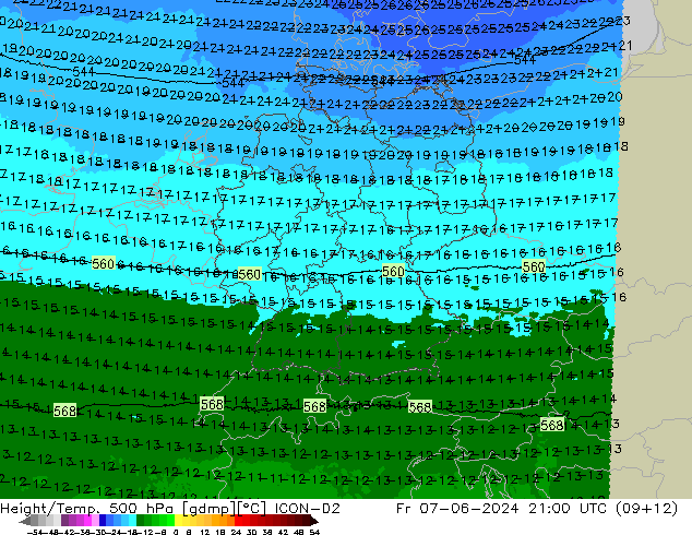 Height/Temp. 500 hPa ICON-D2 Fr 07.06.2024 21 UTC