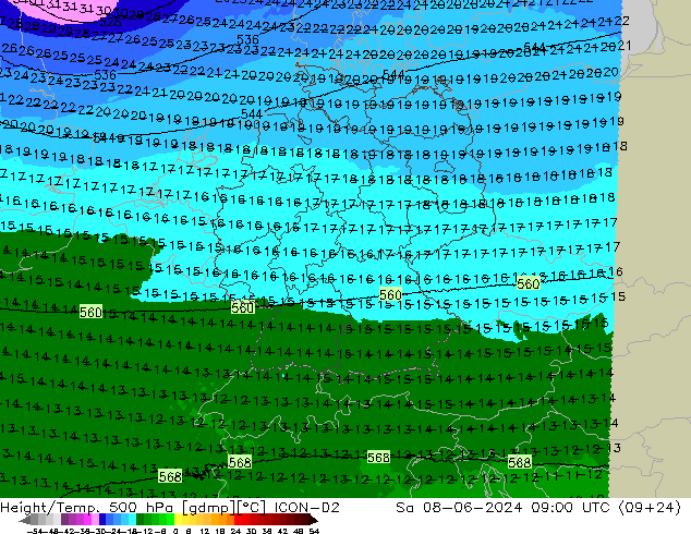 Height/Temp. 500 hPa ICON-D2  08.06.2024 09 UTC